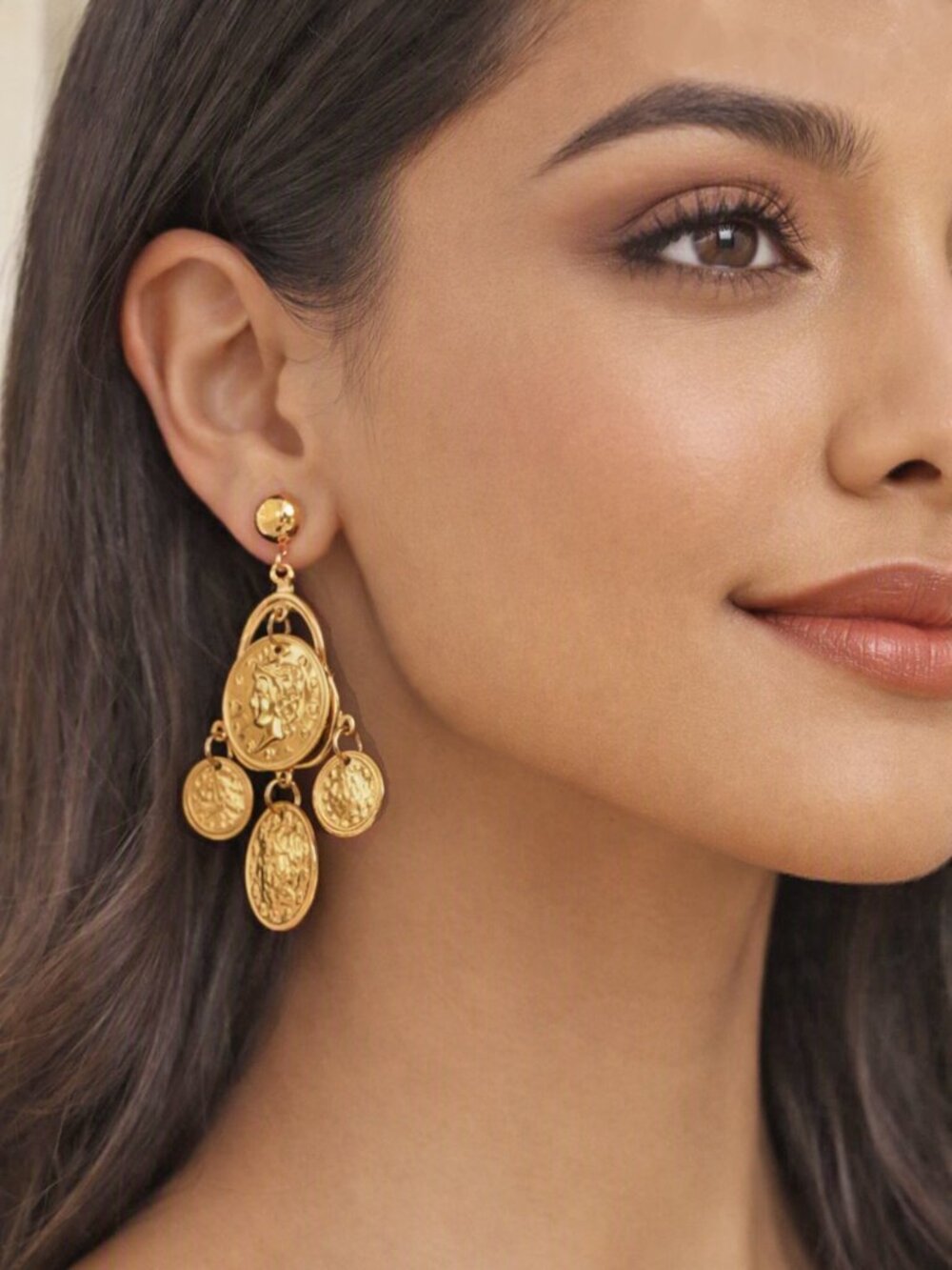 Vintage Boho Wanderer-Style Coin Chandelier Gold Tone Dangle Clip On Earrings